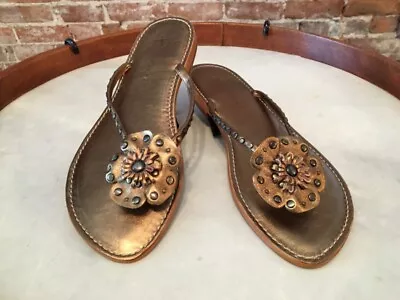 B Makowsky Kyra Bronze Leather Flower Flip Flop Thong Sandals New • $19.95