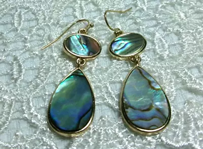 Abalone Pair Of Dangle Drop Earrings Multi-shape Blue/green Colors Gold Tone • $7.75