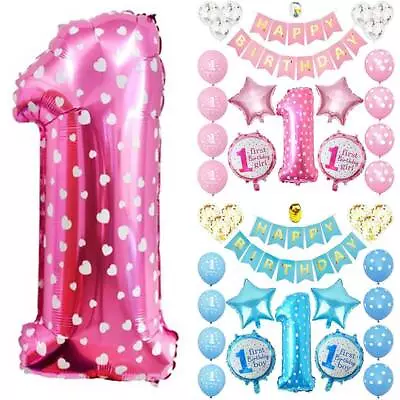 Shower Happy Birthday Party Decor 1 Year Old Baby Boy Girl Balloons Banner Set/ • £11.93