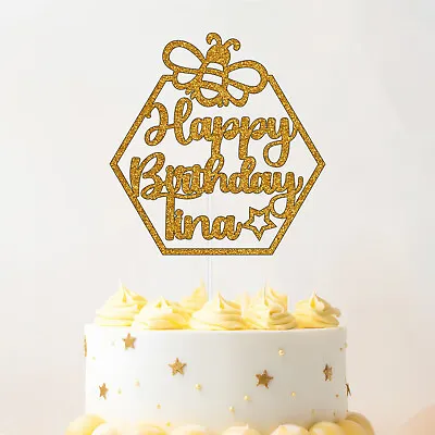 Happy Birthday Glitter Cake Topper Personalised Any Name Bee Design Party Decor • £3.29