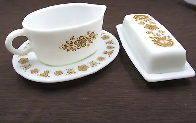 Vtg. Corning/Pyrex Butterfly Gold Butter Dish 72-B W/Gravy Dish Plate 77-B/77-U • $34.99