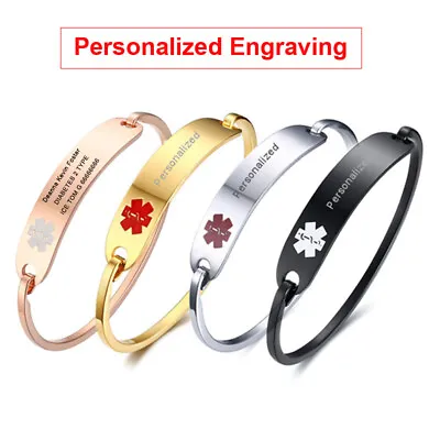 Personalized Engraving Women Bracelet Medical Alert ID Bangle Stainless Steel • £9.59