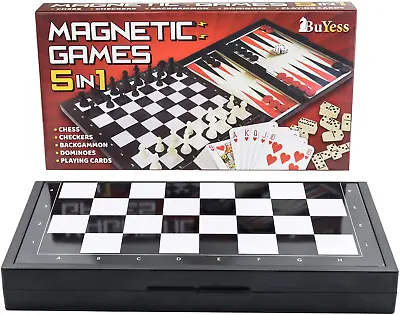 5 In 1 Magnetic Chess Checkers Dominoes Backgammon And Cards Set Mini Travel Si • $17.36