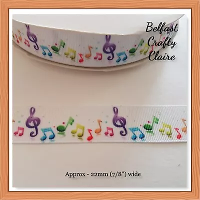 1 - 5 Metres - Printed Grosgrain Music Notes Printed  Ribbon - 25mm 1  Wide • £0.99