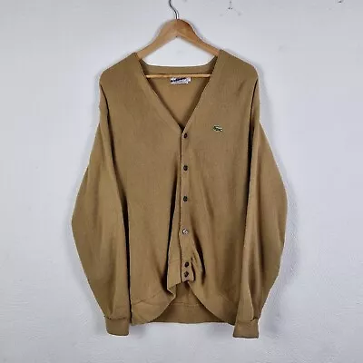 Vintage Izod Lacoste Cardigan Mens Large Beige Knitted Sweater 80s Indie Grunge • £39.95