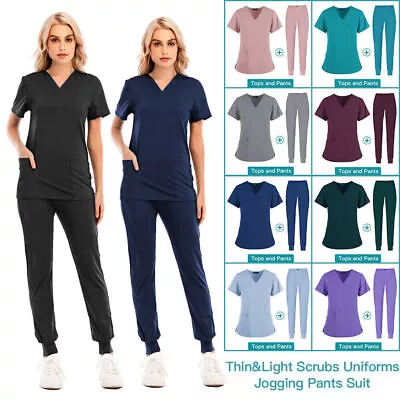£16.79 • Buy Unisex Scrub Set Nursing Medical Uniforms V-Neck Tops Jogger Trousers 10 Colours