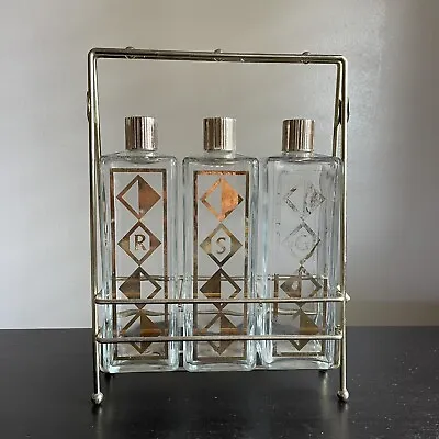 VTG MID CENTURY MODERN COCKTAIL BAR SET TANTALUS 3 LIQUOR DECANTERS W/ CADDY • $55