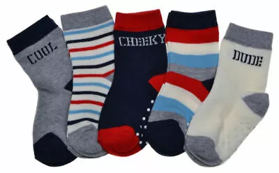 5 Pairs Of Logo & Stripe Baby Boys Socks With Grippers • £5.65