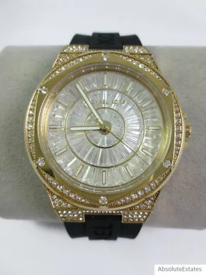 NEW Michael Kors Lennox Pave Glitz Gold Crystal Black Silicone Watch MK7247 • $159.49