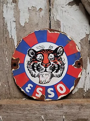 Vintage Esso Porcelain Sign Gas Station Oil Service Tiger In Your Tank 6  Pump • $114.15