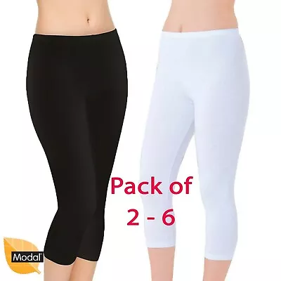 Pack Of 2 - 6 Women's Capri Leggings 3/4 Cropped Soft MODAL Stretchy Daily Wear • £11.99