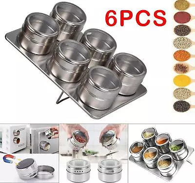 Magnetic Spice Rack 6Pcs Set Steel Jars Clear Lid Herbs Storage Container Pot • £7.95