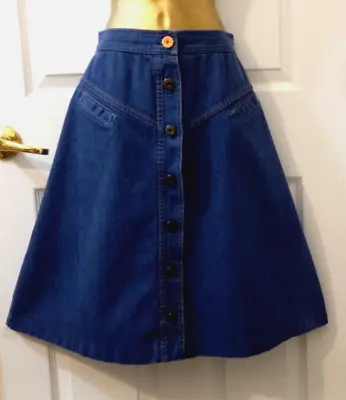 VTG SEARS Denim Sz 13/XS A-Line Midi Skirt Hippie Southwest Front Button BAZAAR • $8.99