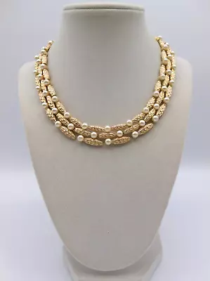 £43.04 • Buy Vintage Crown Trifari Textured Brushed Gold Plated Faux Pearl Choker Necklace