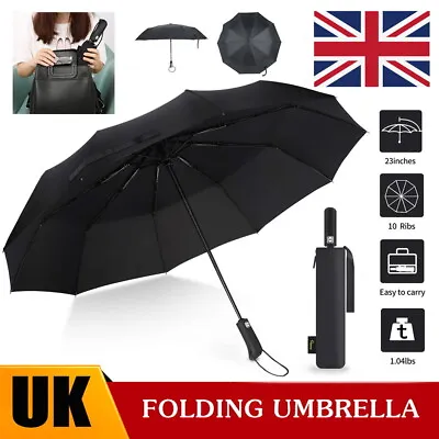 Windproof 10 Ribs Strong Automatic Open Close Folding Umbrella Compact Travel  • £7.99