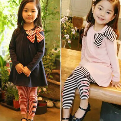 2Pcs Girls Kids Bow T Shirt Dress Tops Long Pants Trousers Tracksuit Outfit Set☆ • £6.59