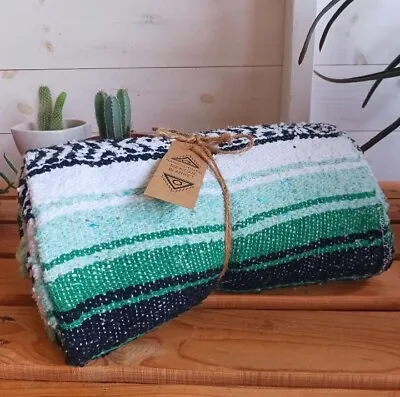 Mexican Falsa Blanket | Traditional Hand Loomed Tea Green   120cm × 185cm • £29.99