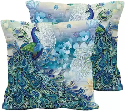 Teal Peacock Throw Pillow Covers Set Of 2 Watercolor Blue Teal Vintage Turquois • $30.27