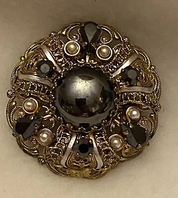 Vintage WEST GERMANY Gold Tone Filigree Black Hematite Rhinestone Brooch • $75