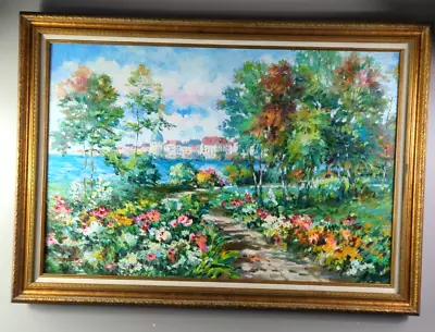 Large Original Artwork Oil On Canvas Impressionist Mediterranean Sea Spring 41.5 • $949.99