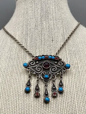 Sterling Silver Brooch Pendant Matl Style Mexico Turquoise Ruby Manik Carnelian • $229.99