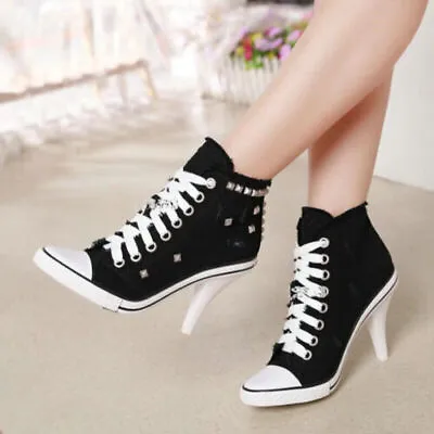 $37.99 • Buy New Women Canvas Shoes Denim High Heels Rivets Shoes Fashion Shoe Sneakers Pumps