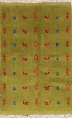 Light Green Little Animal/Figure Tribal Nomad Gabbeh Hand-made Area Rug 4'x5' • $285