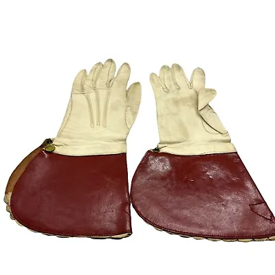 Antique Gloves Womens White Red Leather Gauntlet Kid Snap Side Display Delicate • $79.97
