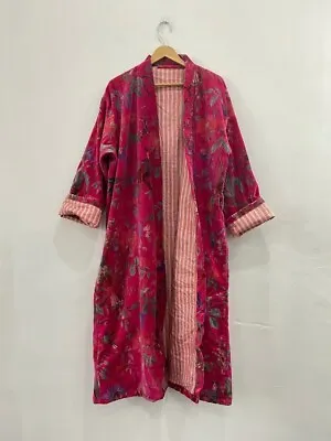 $195.40 • Buy Indian Pink Bird Print Kimono Velvet Kimono Robes Night Gown Bridal Night Suits