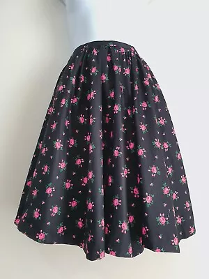 Vintage Skirt Black Pink Floral Circle Handmade 50s Swing Rockabilly Size 12 14 • £39