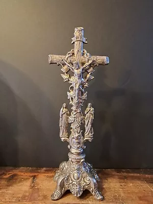 Antique Art Noveau Metal Altar Standing Group Calvary Crucifix Jesus Mary Joseph • $125