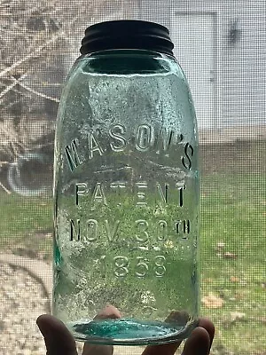 Antique Mason's Pat 1858 Jar Swirl Half Gallon Light Aqua Blue Glass & Zinc Lid • $19.99