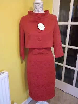 Lindy Bop Maybelle Scarlet Red Twin Set Pencil Dress & Jacket UK Size 8-10 • £40