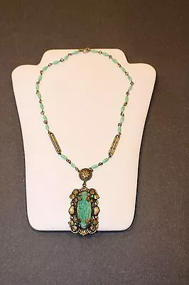 Vintage Czech Style Necklace With Green Stone And Light Green Beads • $125