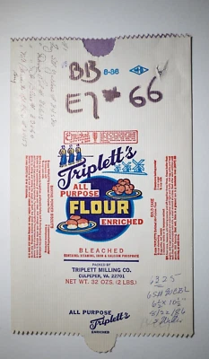 $12 • Buy Vintage Paper Sack Bag - TRIPLET'S FLOUR, TRIPLETT MILLING, CULPEPER VA 1986