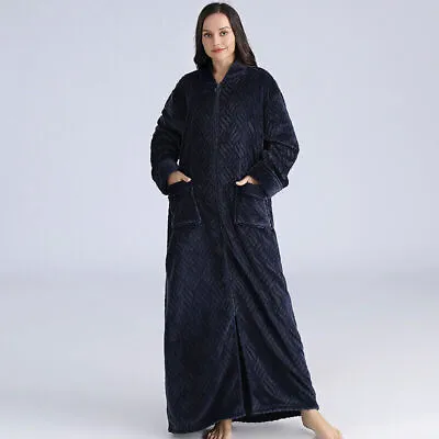 Womens&Mens Fleece Long Dressing Gown Zip Up Bath Robe Soft Flannel Bathrobe New • £30.34