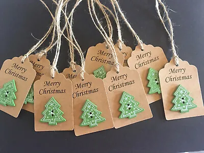 £2.45 • Buy 10 Cute Kraft Embellished  Merry Christmas Green Wooden Tree Button Gift Tags