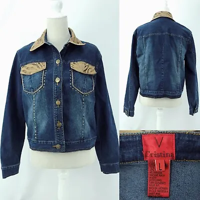 $32 • Buy V Cristina Womens Large Blue Jean Denim Jacket Riveted Faux Zebra Print Collar