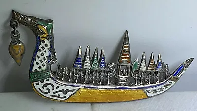 Vintage Siam Sterling Silver Dragon Ship Pin Brooch Color Enameling Viking Boat • $32.50