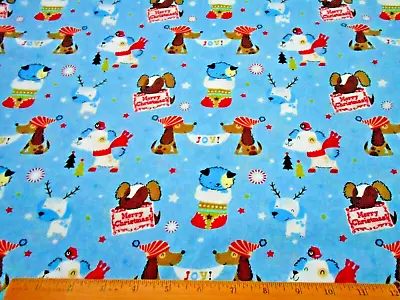 Christmas Fabric 1 3/4 Yard Funny Dogs Stars Candy Trees Blue Cotton #35 Vtg #C • $17.50