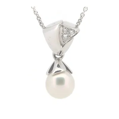 Mikimoto Pearl Diamond Necklace 7.5mm 0.04ct 18K White Gold • $861.60