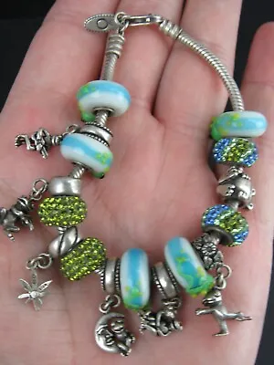 7.5  Sterling Silver PANDORA  FROGS  Charm Bracelet MURANO GLASS Beads Chain • £192.75