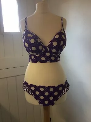 Figleaves Midnight Grace Purple Spot  Longline Bikini 30FF And Frilled Briefs 12 • £15