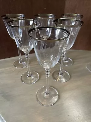 6 Mikasa Jamestown Clear Platinum Trim Wine Glass Set Elegant Optic Stemware Lot • $82