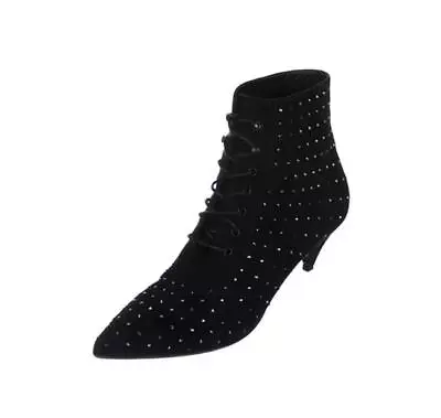 Saint Laurent Cat 50 Black Suede Crystal Embellished Lace-Up Boots-Sz40-New&Auth • $599