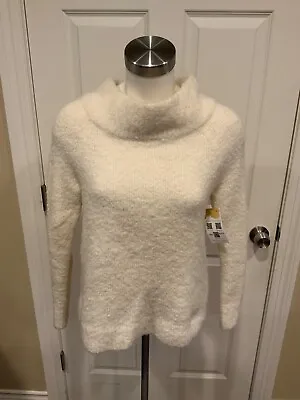 Moth Anthropologie White Fuzzy Wool Funnel Neck Sweater Size Medium • $30.20