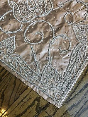 Vintage Queen Beige Satin Bedspread Embroidered Silver Metal Hollywood Regency • $995