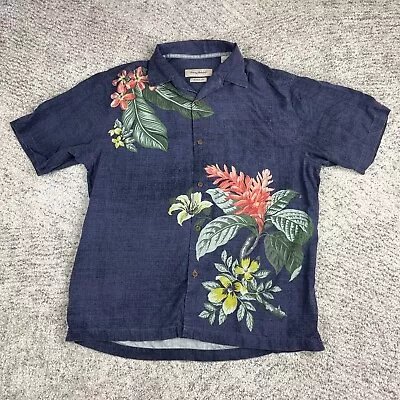Tommy Bahama Shirt Men Large Silk *SM STAIN* Hawaiian Original Fit Blue Hibiscus • $28.89