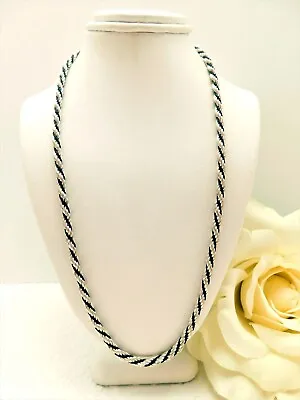 Vintage Silver Tone & Black Fabric Twisted French Rope Necklace - 17  • $10