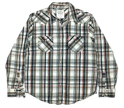 Levis Red Tab Mens L Long Sleeve Pearl Snap Western Rockabilly Shirt Plaid EUC • $13.75